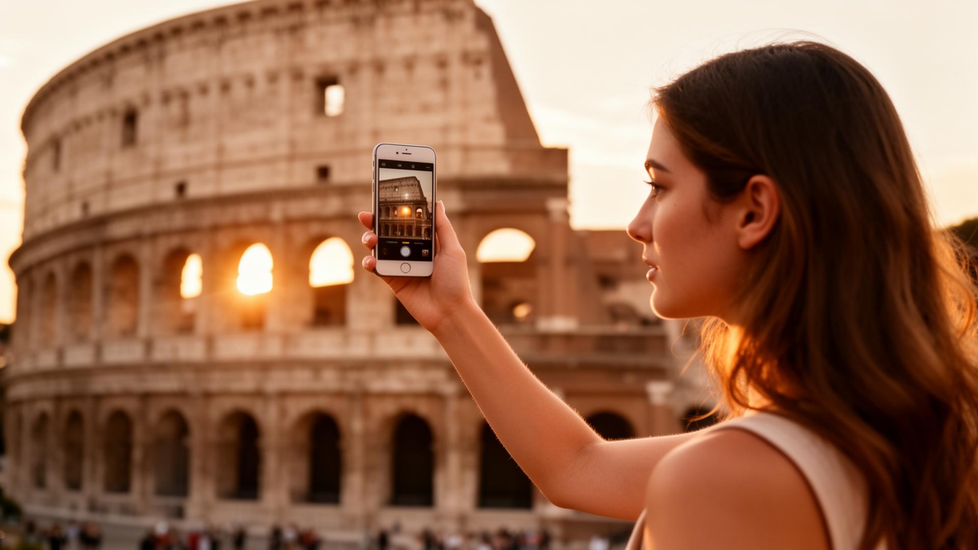 A traveller scanning the Colosseum with her phone camera